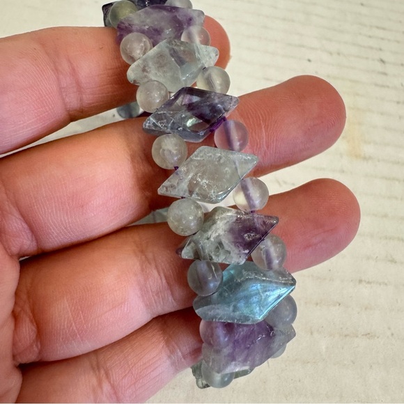 Natural Gemstones VTG Jade Quartz Stretch Bracelet Green Purple Argyle Diamonds - Picture 3 of 16